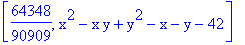 [64348/90909, x^2-x*y+y^2-x-y-42]